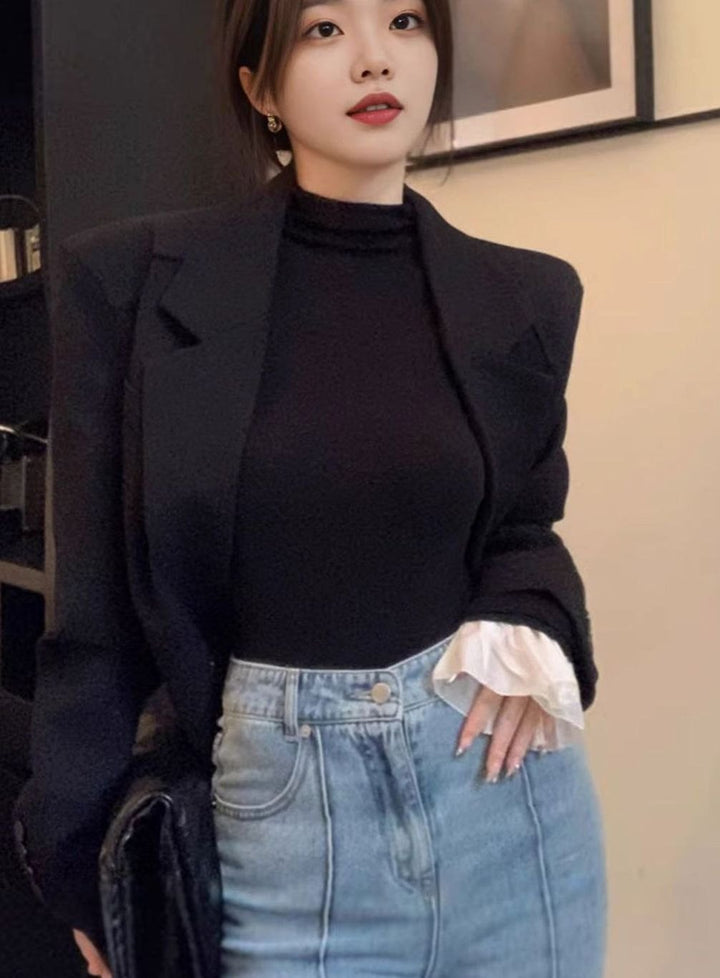 Women's Ribbed Turtleneck Long-Sleeve Top Contrast Ruffle Cuffs