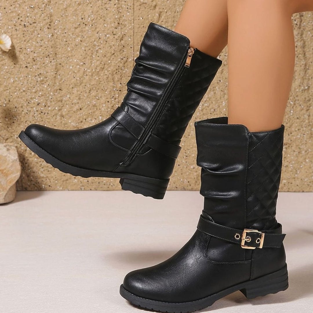 Women's Ruched Faux Leather Mid-Calf Block Heel Buckle Boots