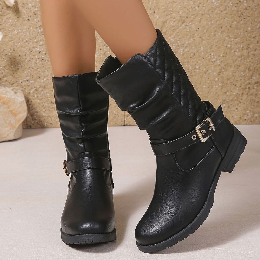Women's Ruched Faux Leather Mid-Calf Block Heel Buckle Boots
