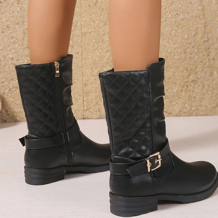 Women's Ruched Faux Leather Mid-Calf Block Heel Buckle Boots