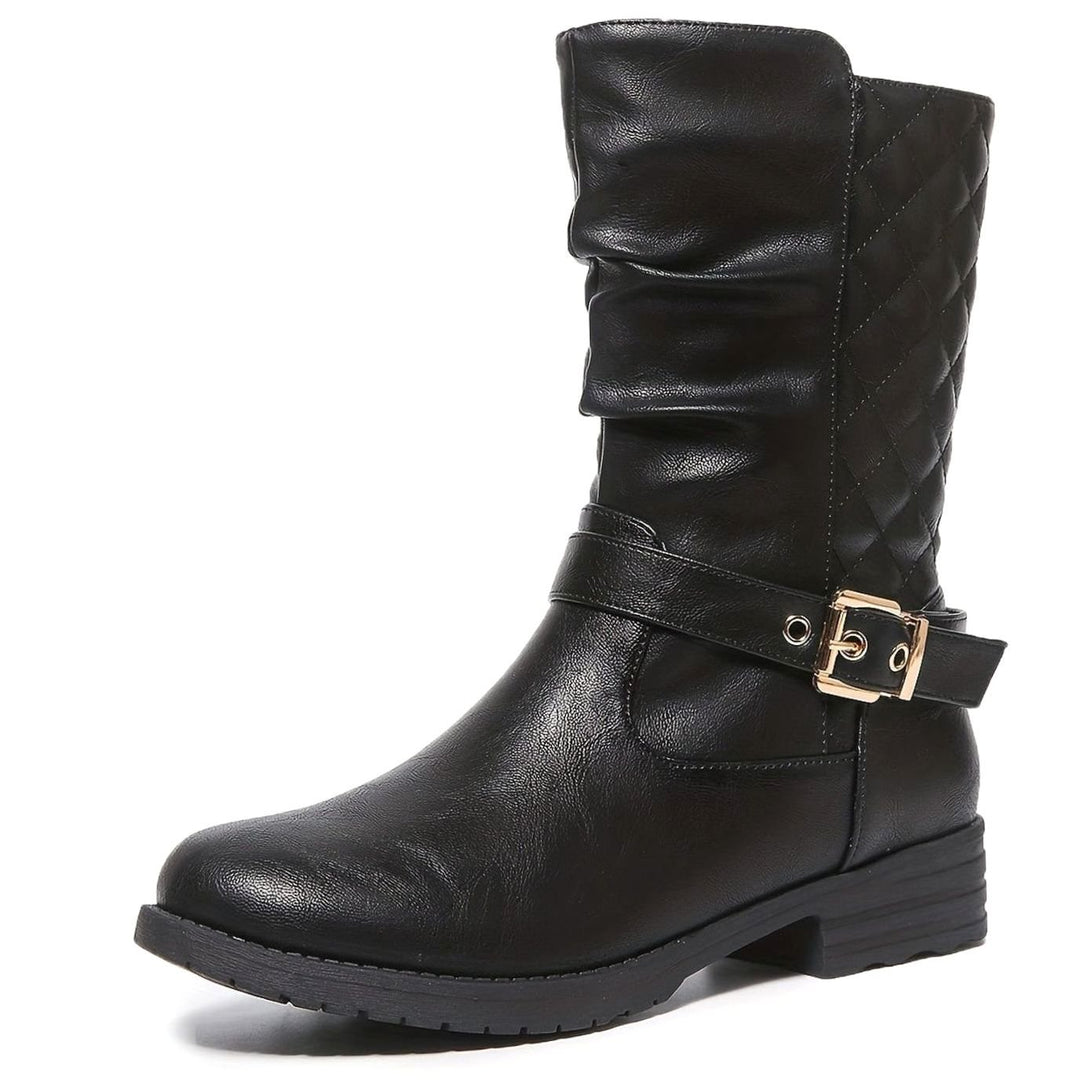 Women's Ruched Faux Leather Mid-Calf Block Heel Buckle Boots