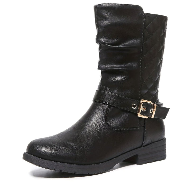 Women's Ruched Faux Leather Mid-Calf Block Heel Buckle Boots