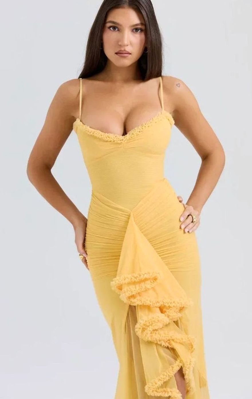 Women's Ruffle Midi Dress Spaghetti Strap High-Low Gown