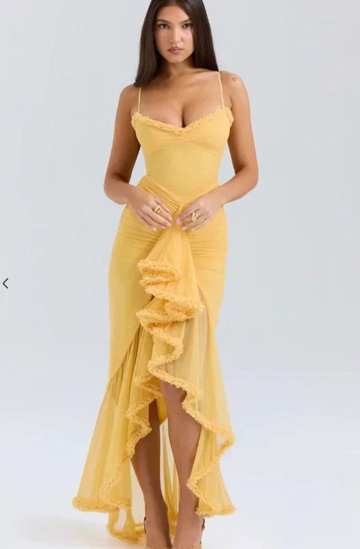 Women's Ruffle Midi Dress Spaghetti Strap High-Low Gown, Yellow
