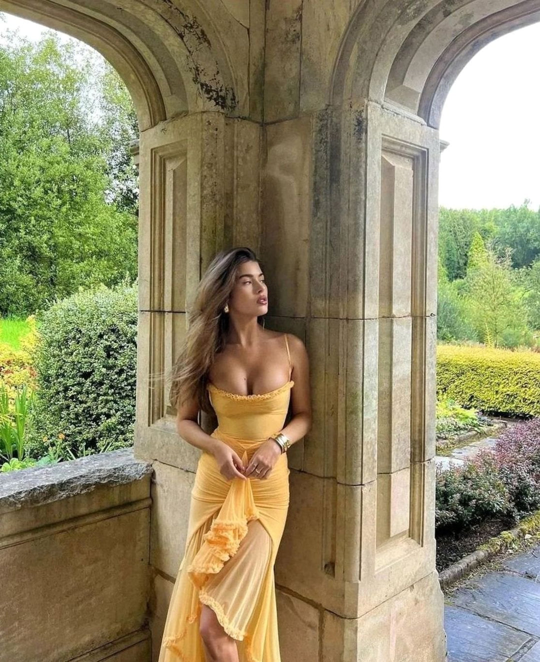 Women's Ruffle Midi Dress Spaghetti Strap High-Low Gown, Yellow