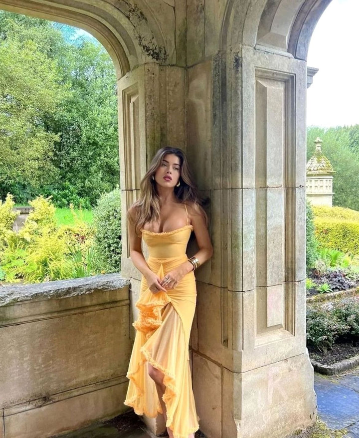 Women's Ruffle Midi Dress Spaghetti Strap High-Low Gown, Yellow