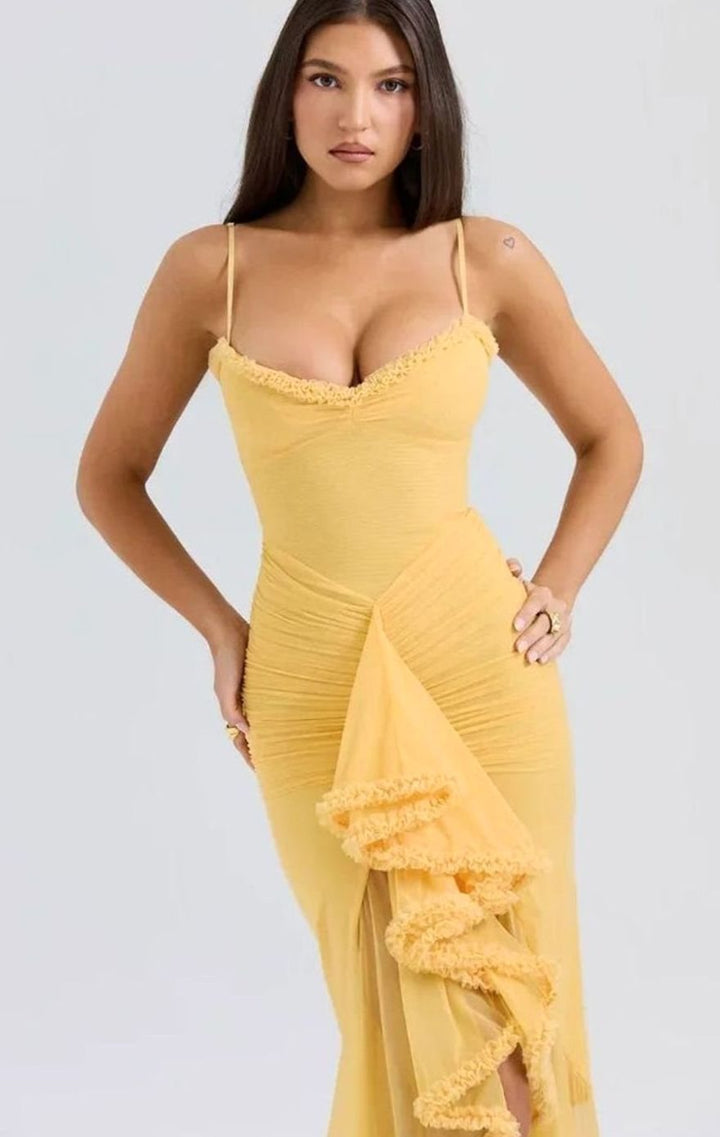 Women's Ruffle Midi Dress Spaghetti Strap High-Low Gown, Yellow