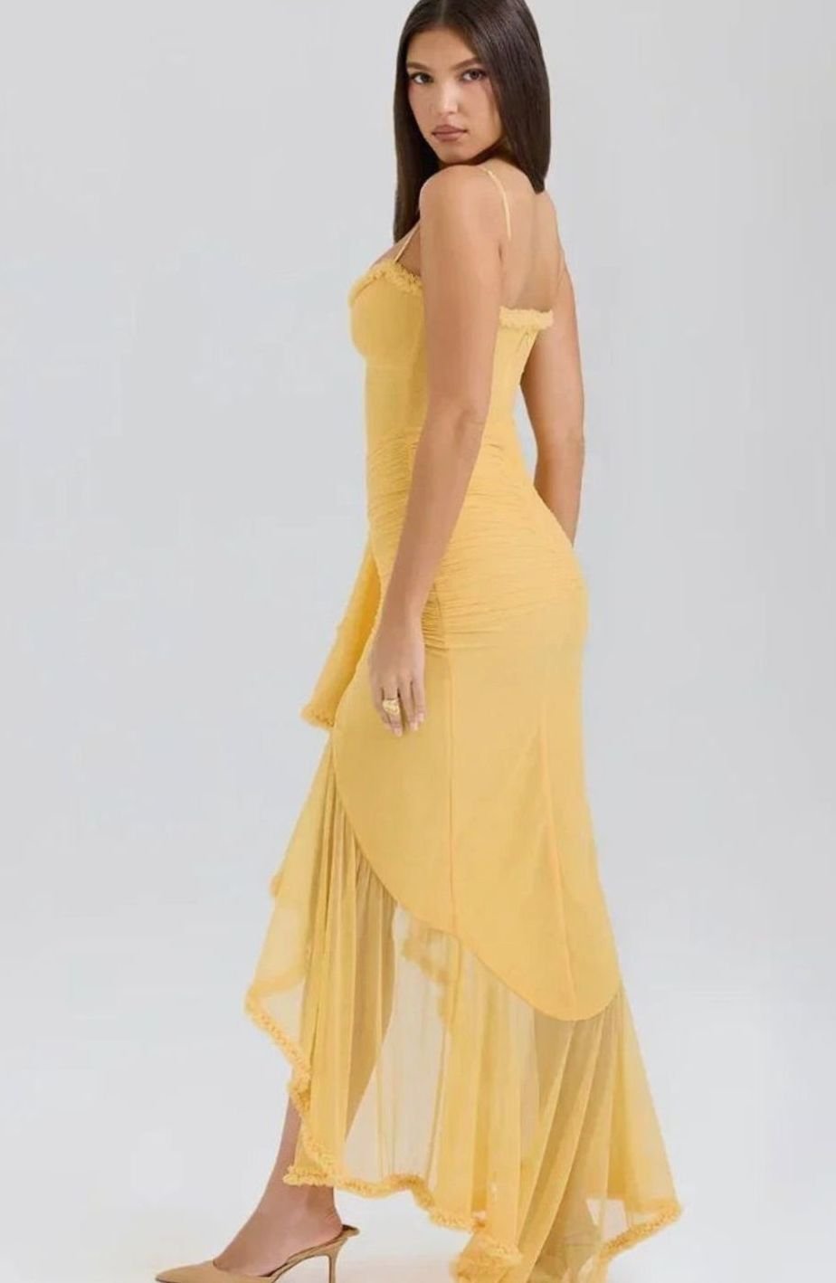 Women's Ruffle Midi Dress Spaghetti Strap High-Low Gown, Yellow