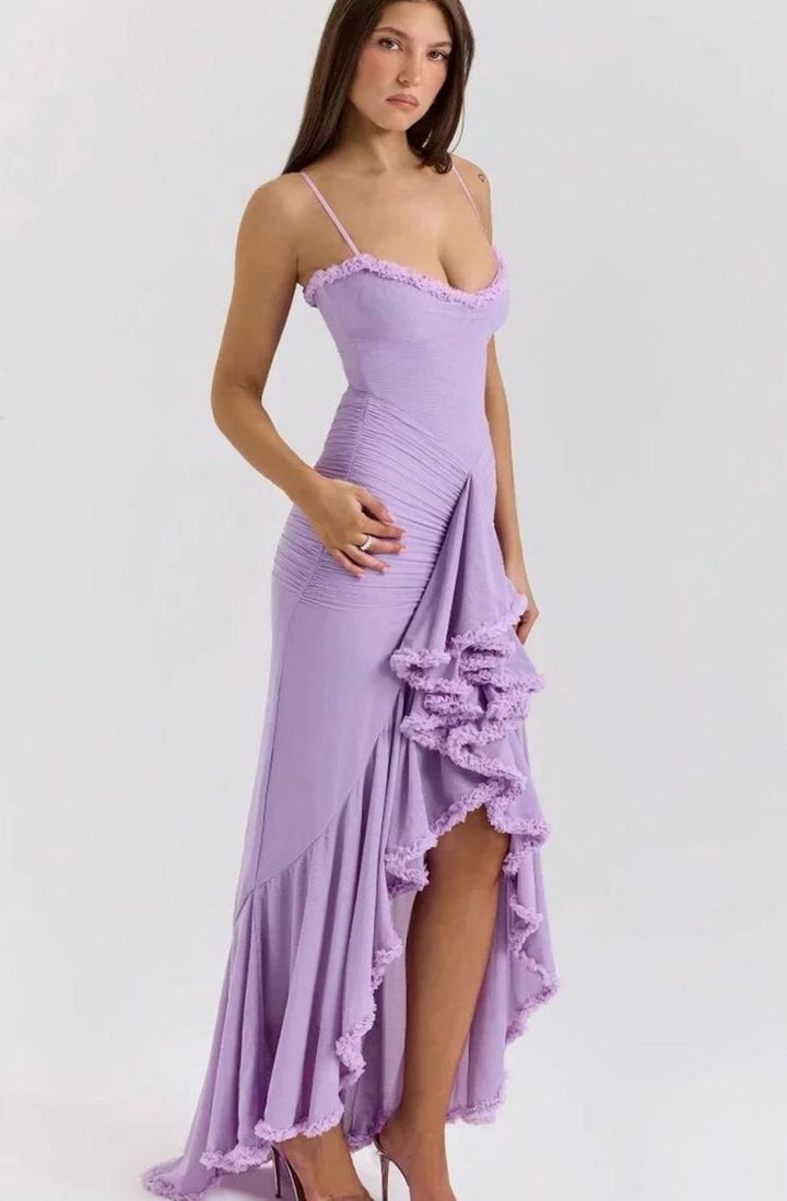 Women's Ruffle Midi Dress Spaghetti Strap High-Low Gown, Yellow