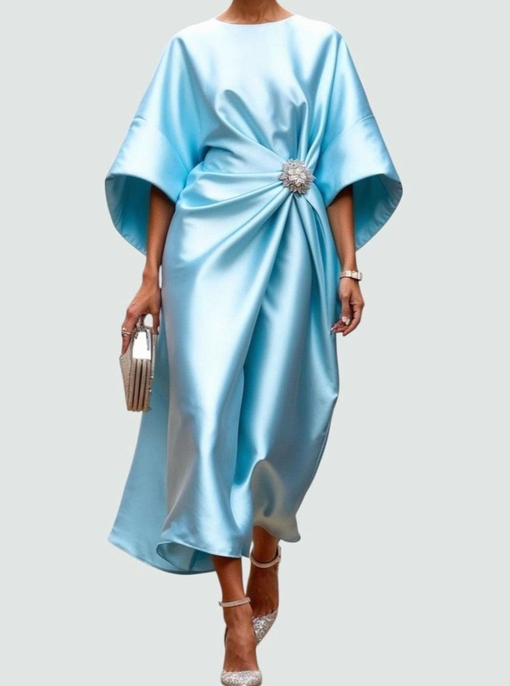 Women's Satin Batwing Draped Boat-Neck Midi Dress, Navy Blue