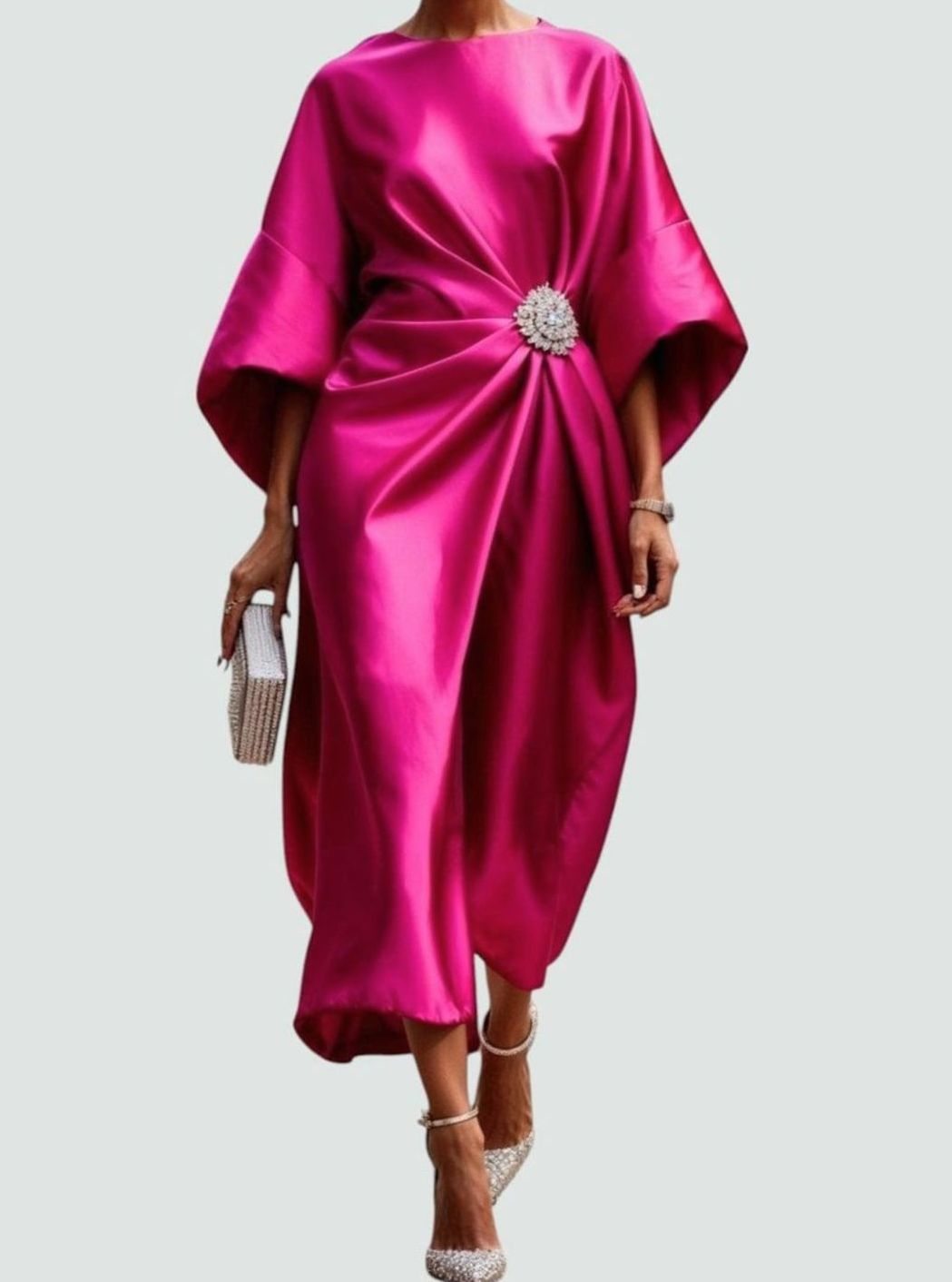 Women's Satin Batwing Draped Boat-Neck Midi Dress, Navy Blue