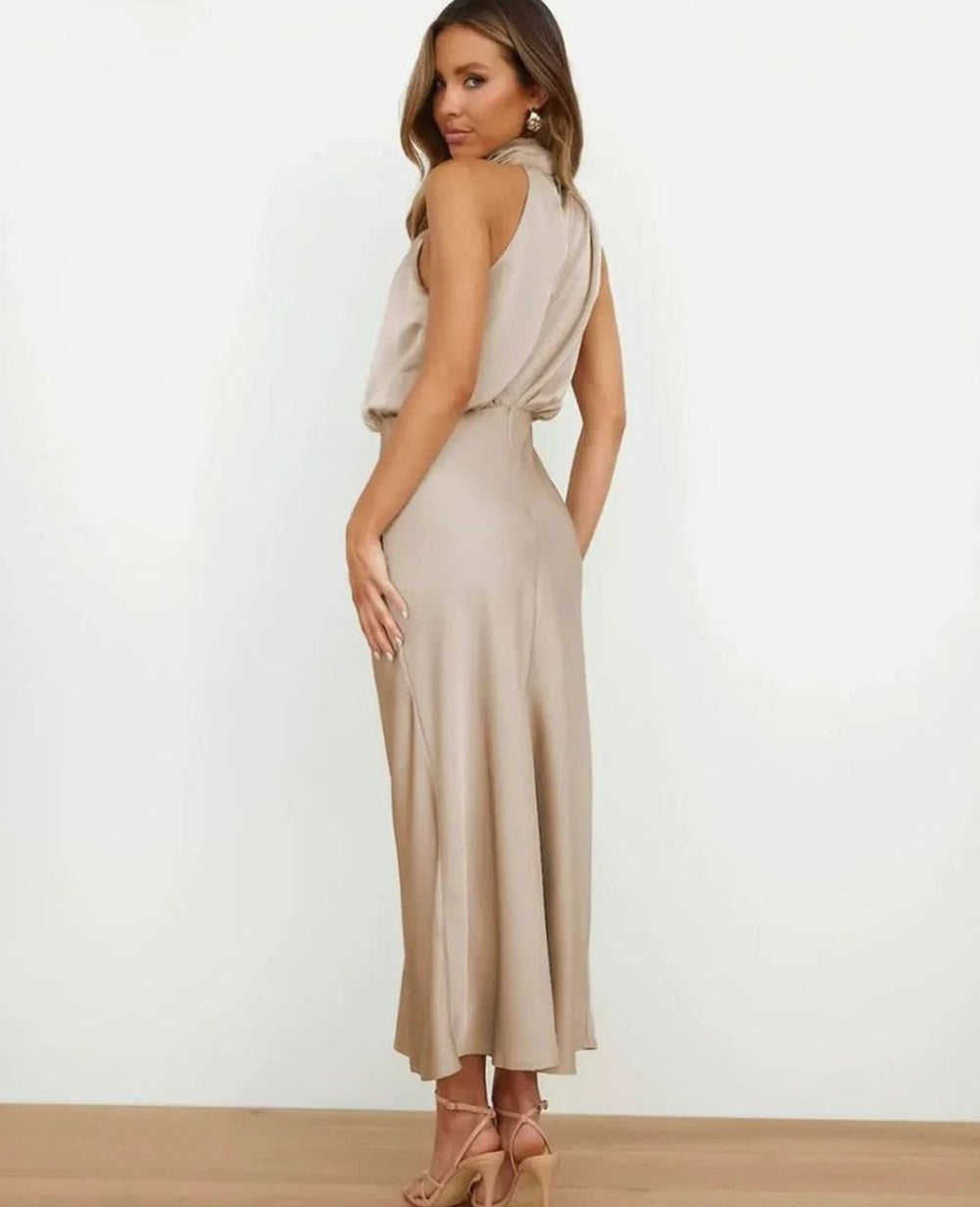 Women's Satin Cowl Halter-Neck Draped Fitted Midi Dress, Champagne