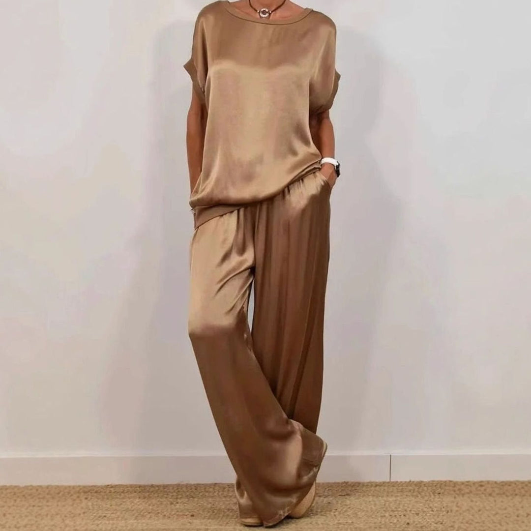 Women's Satin-Feel Relaxed Wide-Leg Lounge Two-Piece Set