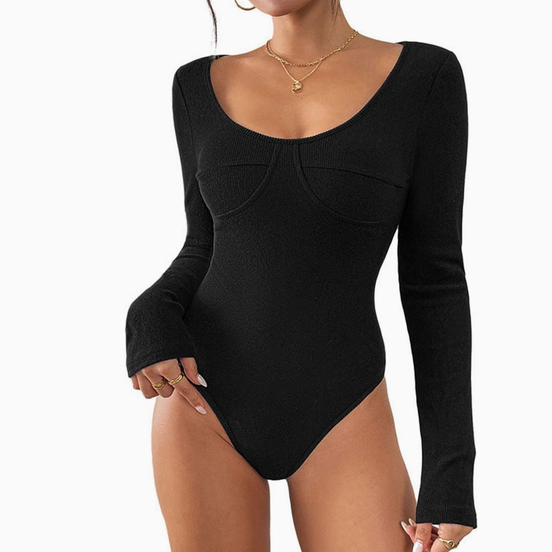 Women's Scoop-Neck Long-Sleeve Fitted Ribbed Bodysuit
