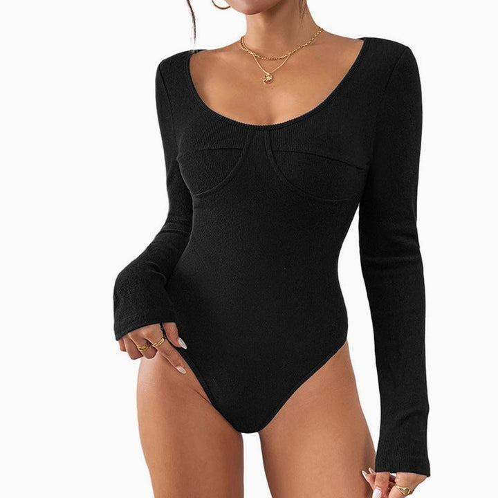 Women's Scoop-Neck Long-Sleeve Fitted Ribbed Bodysuit