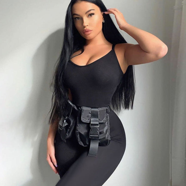 Women's Scoop-Neck Sleeveless Stretch Bodysuit Utility Belt Bag - Black