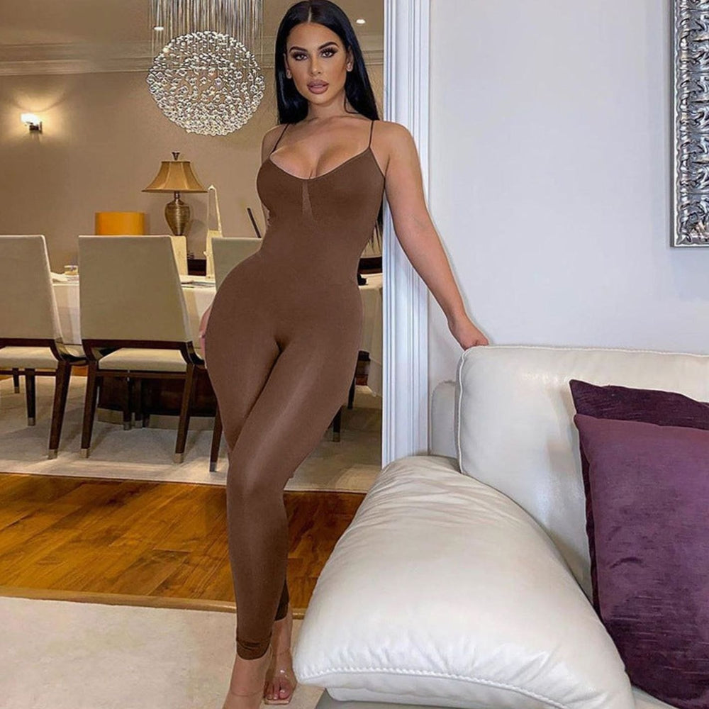 Women's Scoop-Neck Sleeveless Stretch Bodysuit Utility Belt Bag - Brown