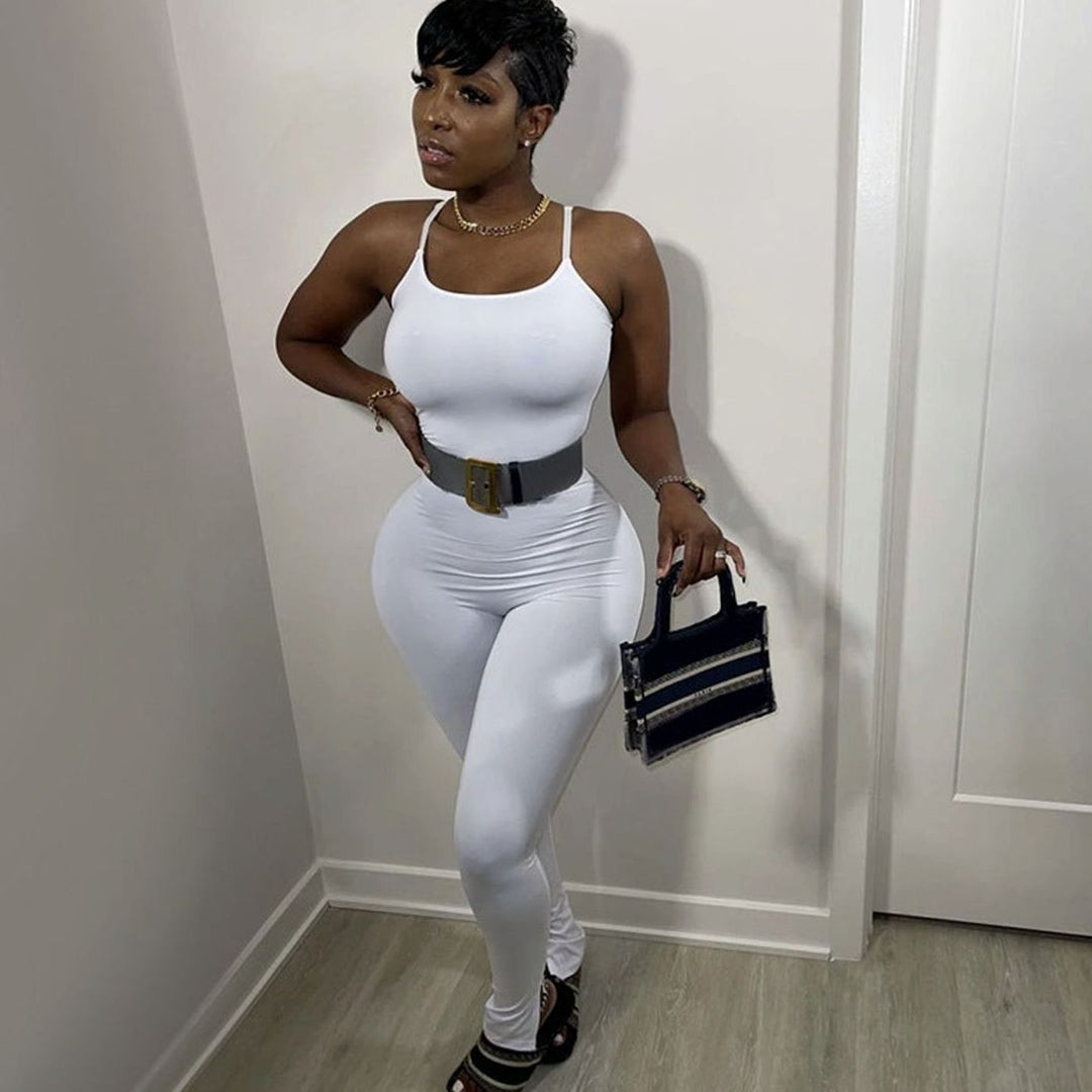 Women's Scoop-Neck Sleeveless Stretch Bodysuit Utility Belt Bag - White