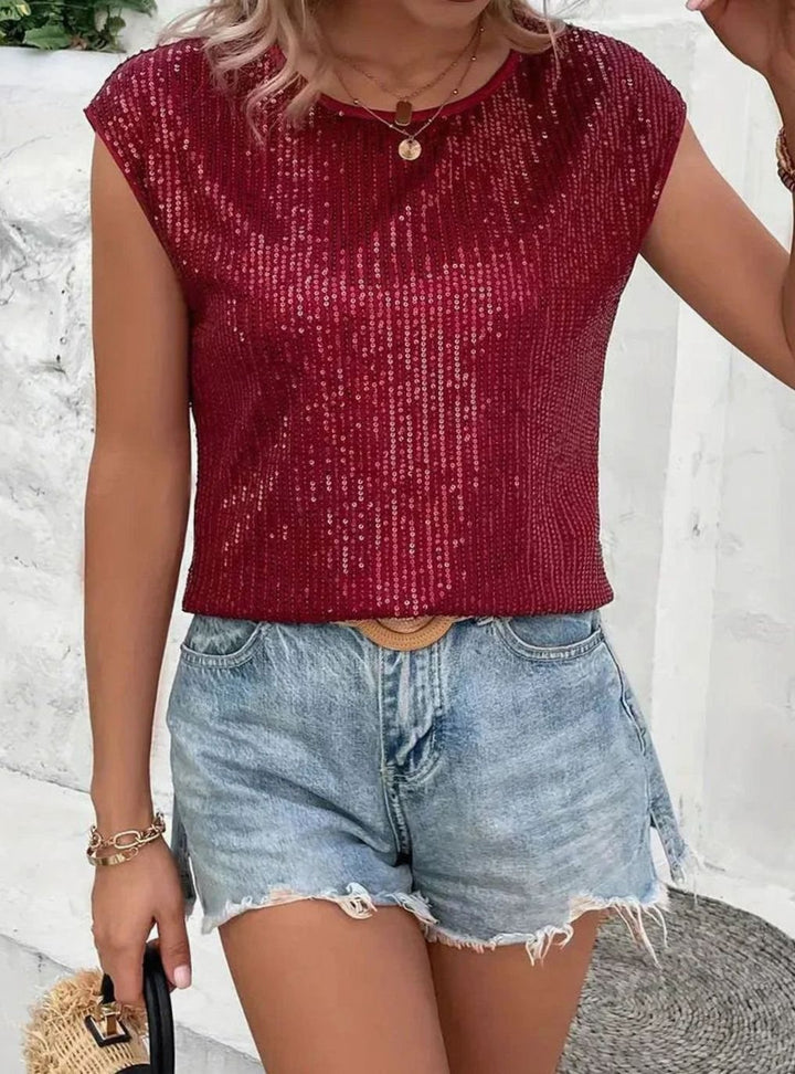 Women's Sequin Cap-Sleeve Knit Glitter Top - Red