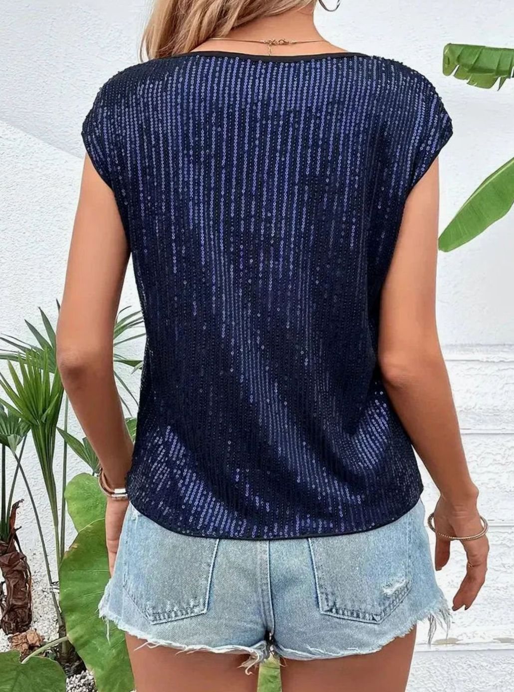 Women's Sequin Cap-Sleeve Knit Glitter Top