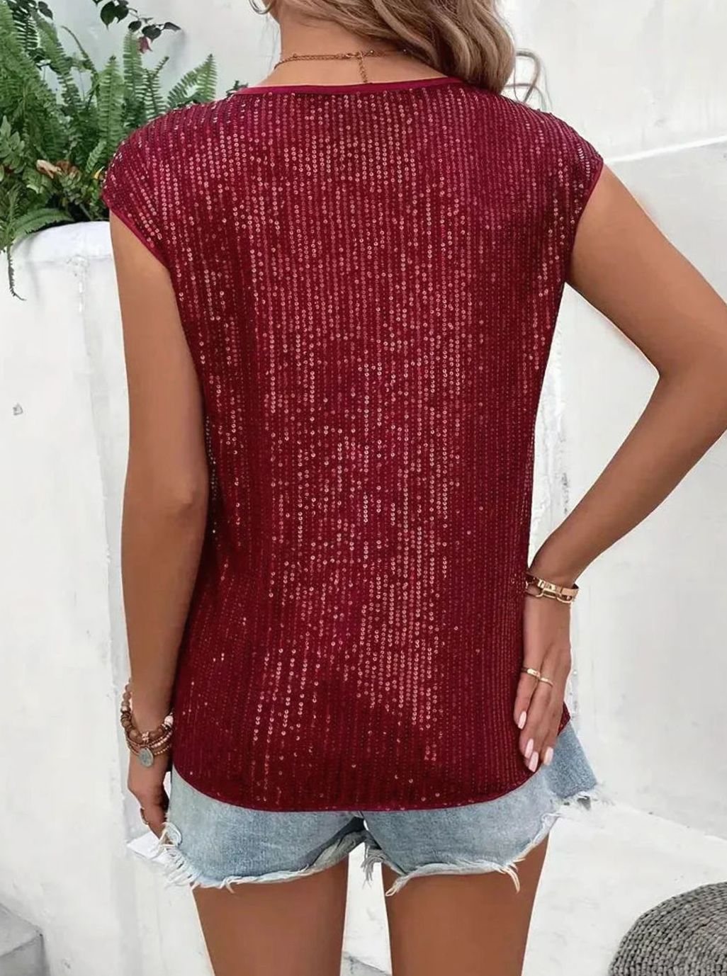 Women's Sequin Cap-Sleeve Knit Glitter Top