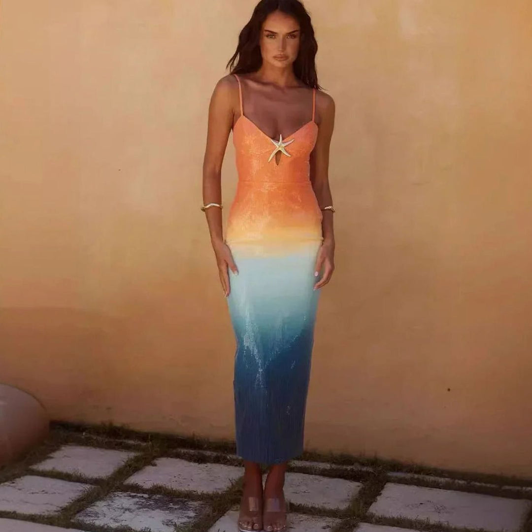 Women's Sequin Ombre Spaghetti Strap Starfish Midi Dress