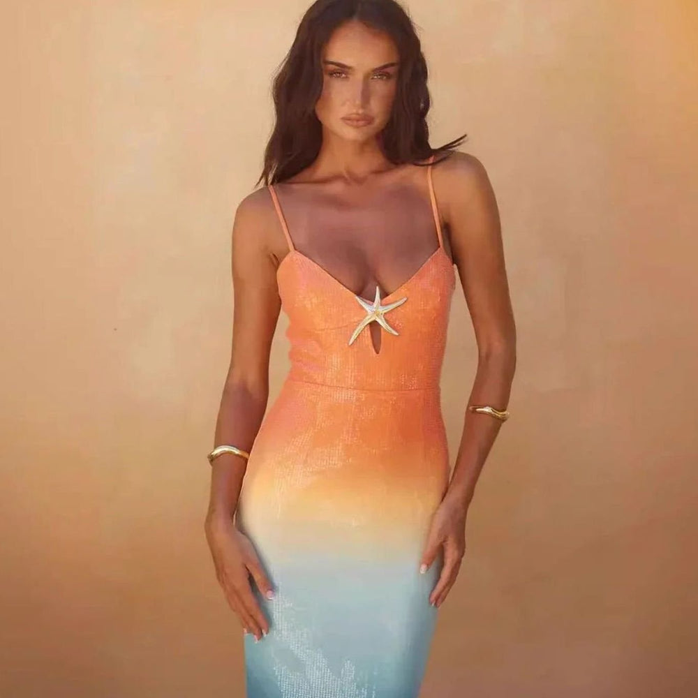 Women's Sequin Ombre Spaghetti Strap Starfish Midi Dress, Orange Blue Ombre
