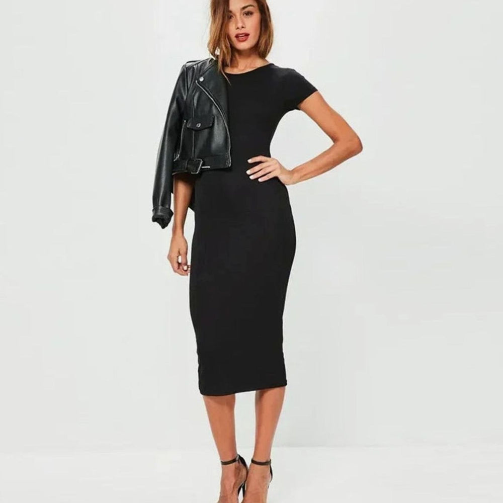 Women's Short-Sleeve Bodycon Midi Dress, Black