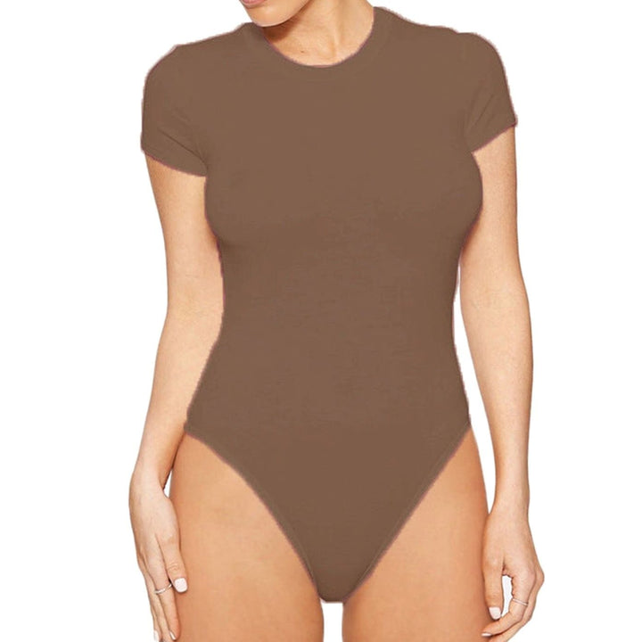 Women's Short-Sleeve Crew-Neck Fitted Stretch Bodysuit - Coffee