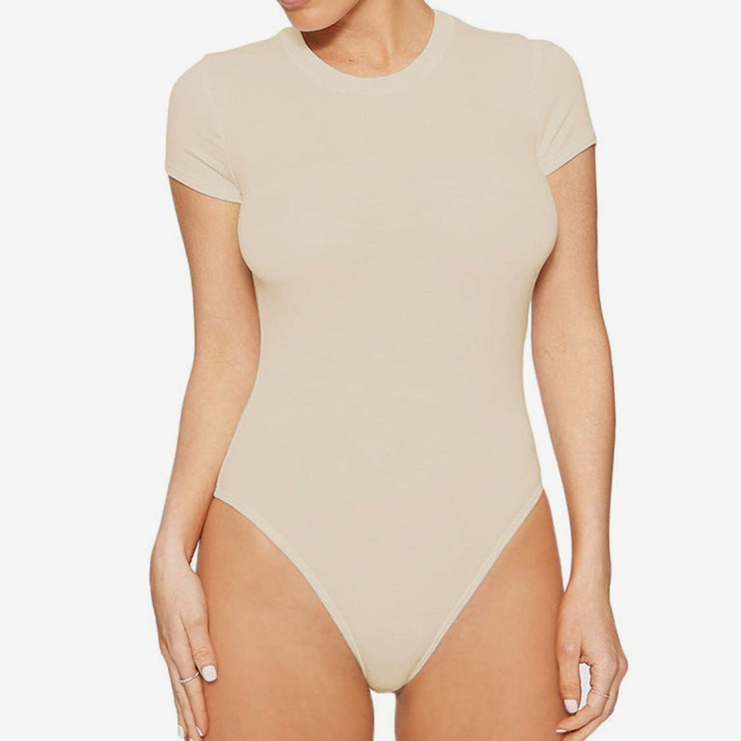 Women's Short-Sleeve Crew-Neck Fitted Stretch Bodysuit - Khaki