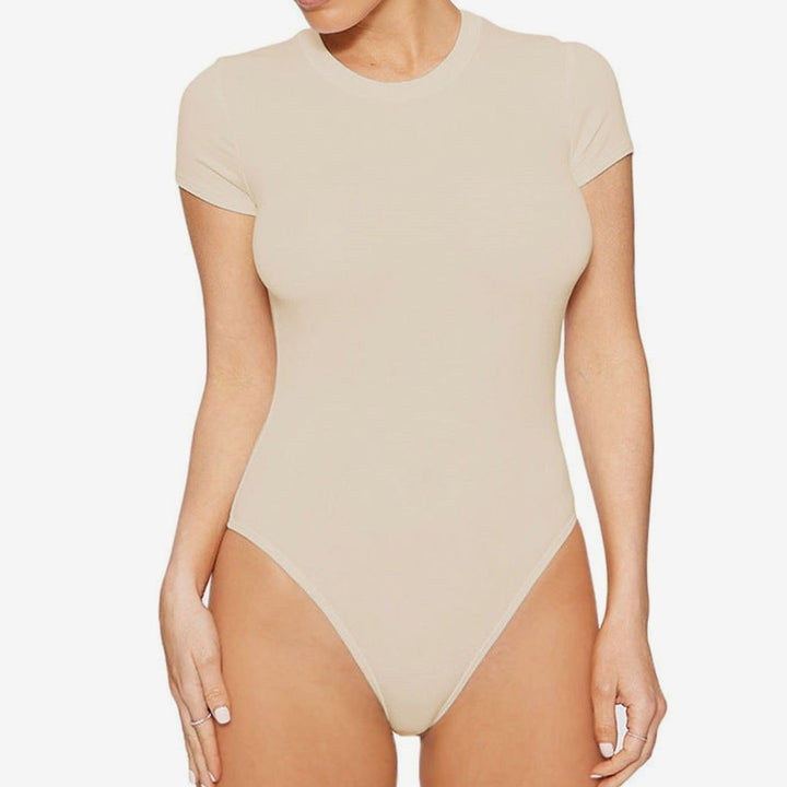 Women's Short-Sleeve Crew-Neck Fitted Stretch Bodysuit - Khaki