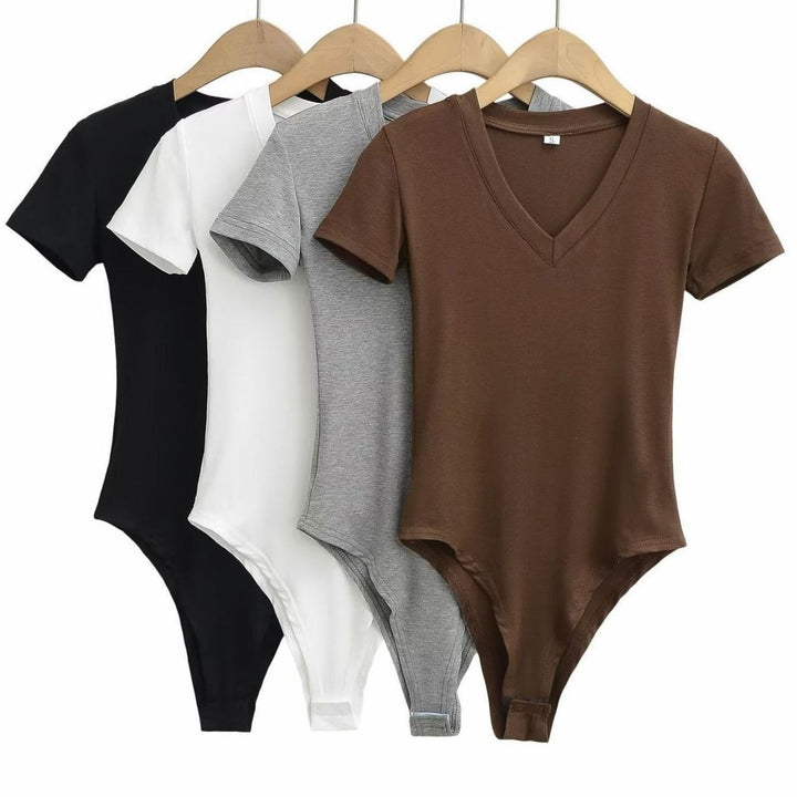 Women's Short-Sleeve V-Neck Stretch Jersey Bodysuit
