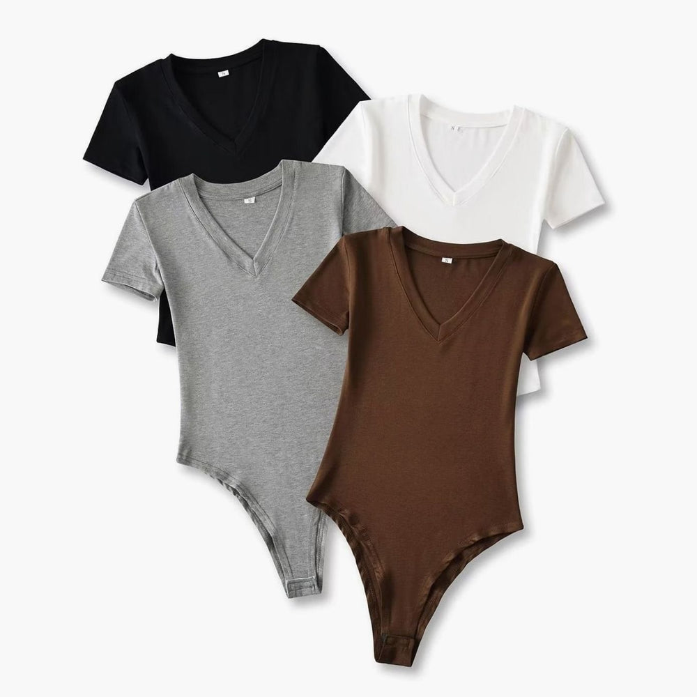 Women's Short-Sleeve V-Neck Stretch Jersey Bodysuit