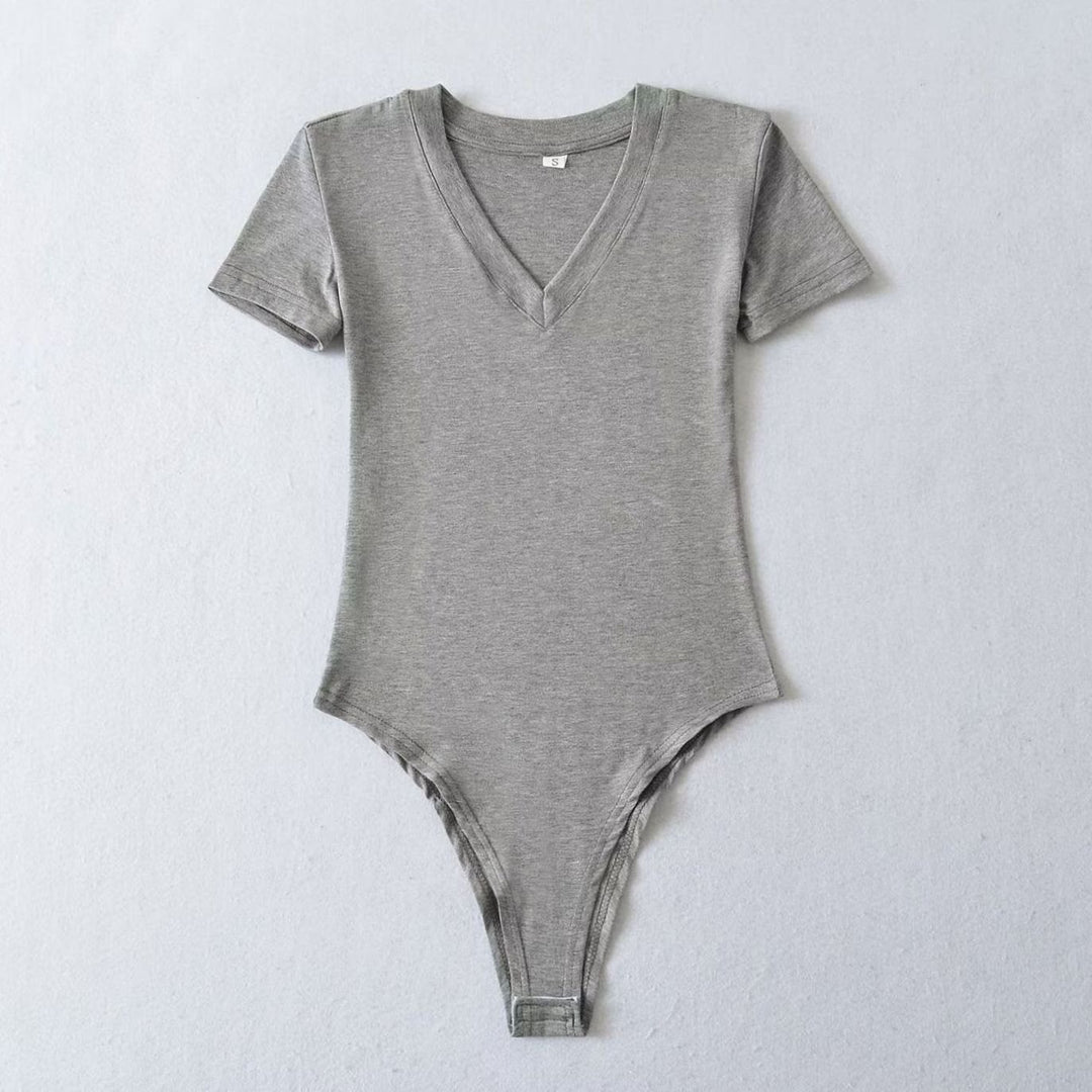 Women's Short-Sleeve V-Neck Stretch Jersey Bodysuit - Grey