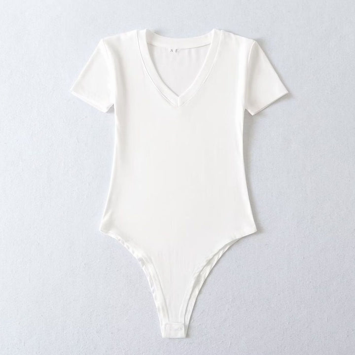 Women's Short-Sleeve V-Neck Stretch Jersey Bodysuit - White