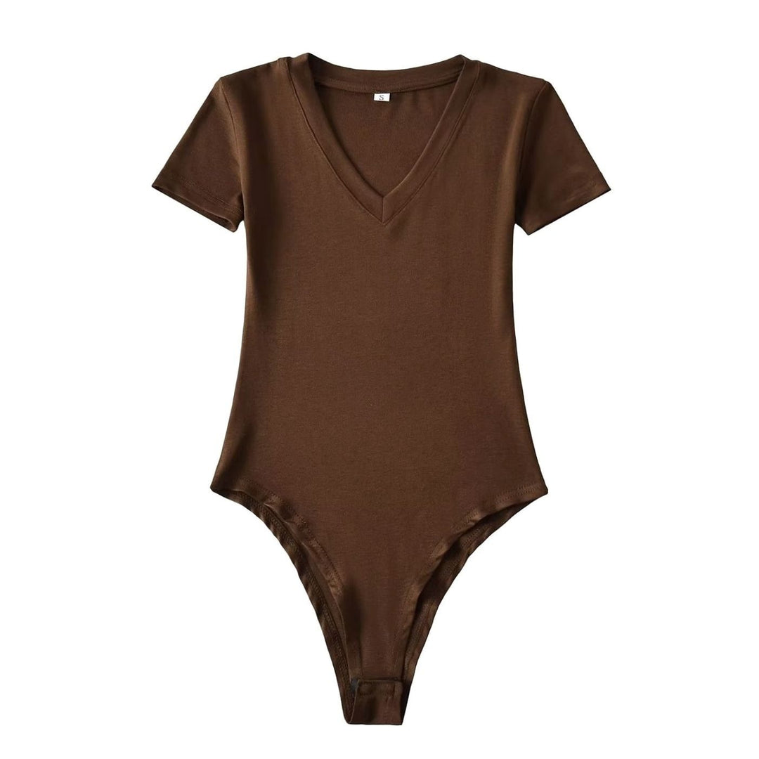 Women's Short-Sleeve V-Neck Stretch Jersey Bodysuit - Brown