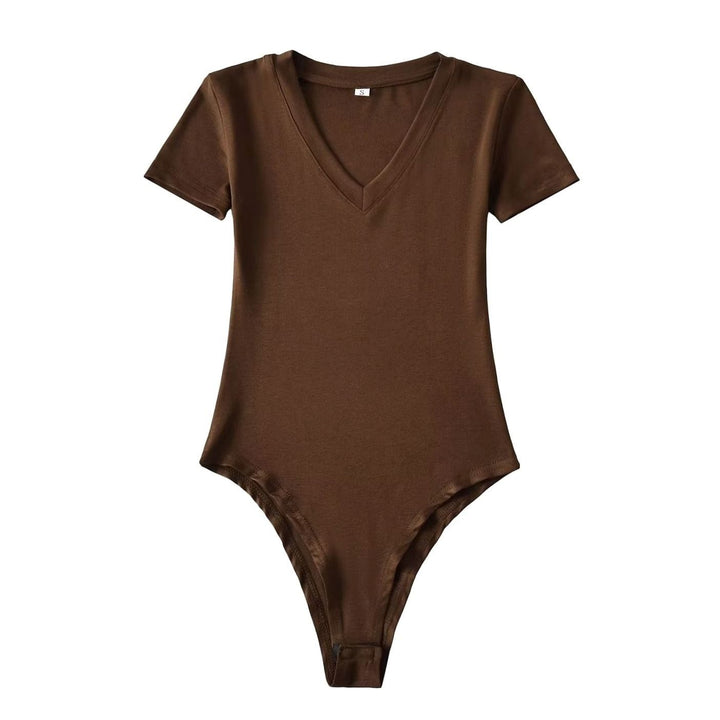 Women's Short-Sleeve V-Neck Stretch Jersey Bodysuit - Brown
