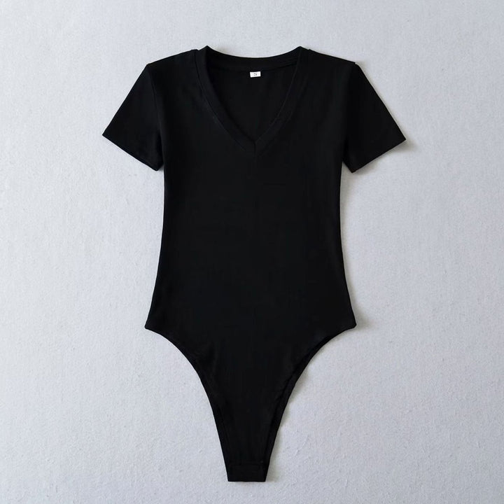 Women's Short-Sleeve V-Neck Stretch Jersey Bodysuit - Black