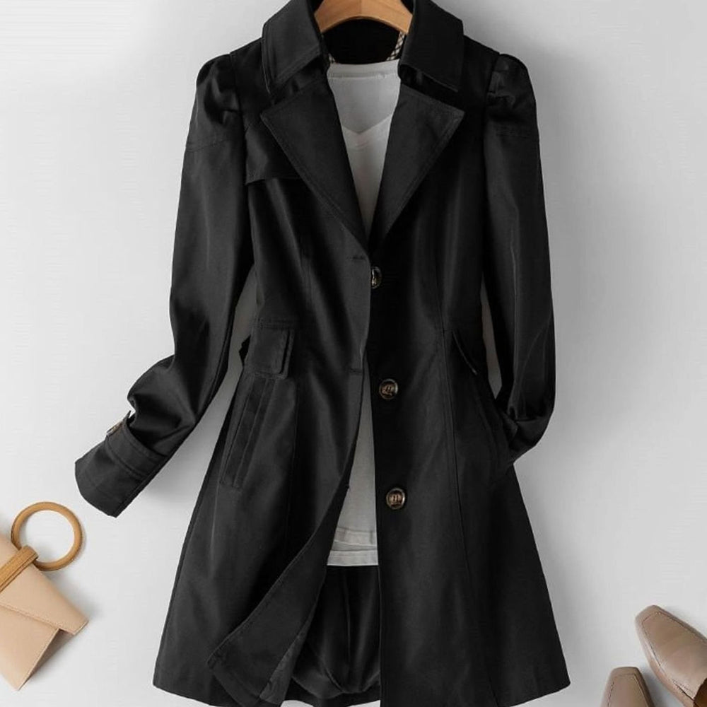 Women's Single-Breasted Notch-Collar Longline Trench Coat - Black