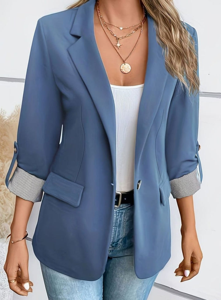 Women's Single-Button Roll-Sleeve Tailored Blazer - Dusty Blue