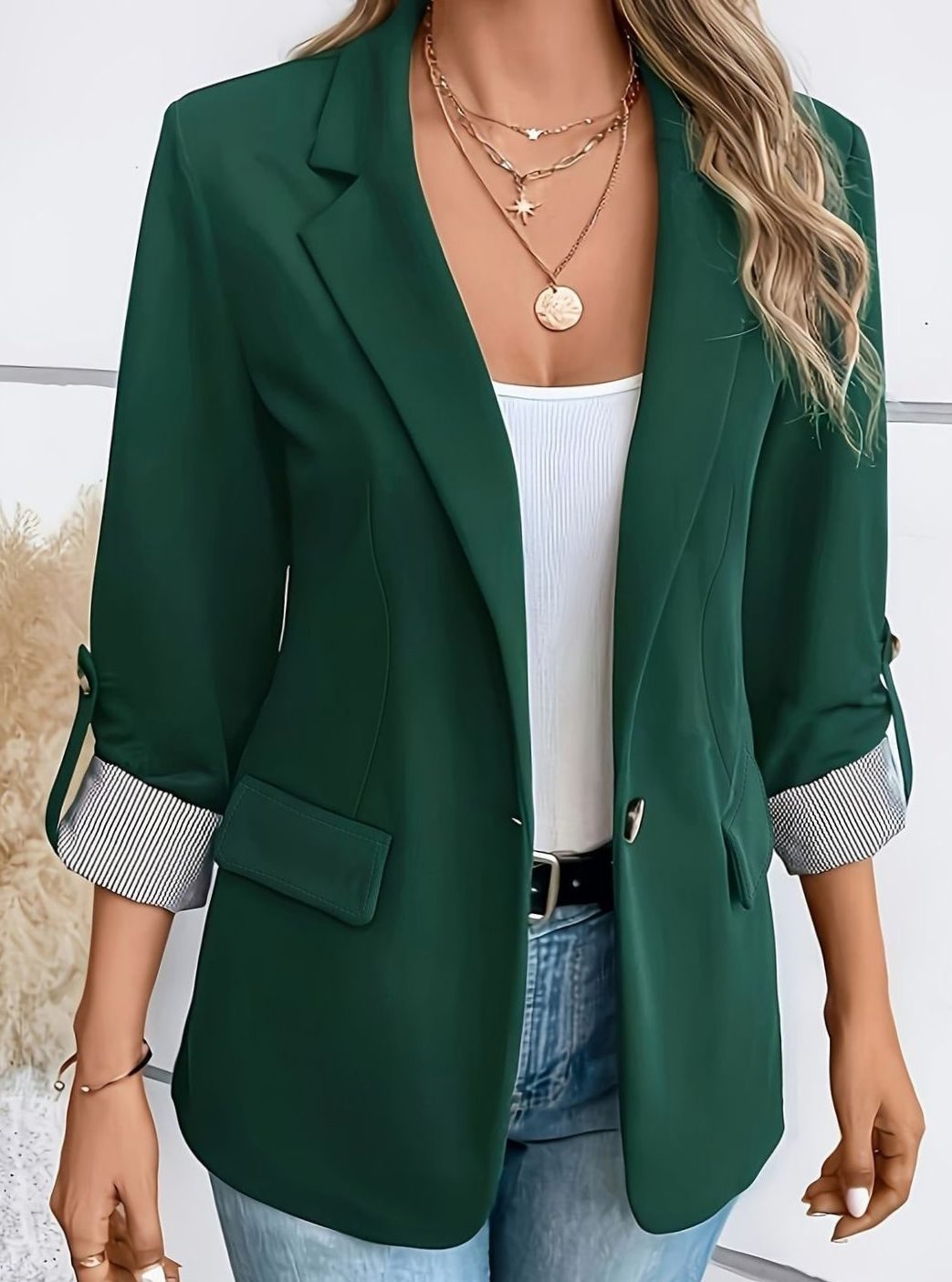Women's Single-Button Roll-Sleeve Tailored Blazer - Dark Green
