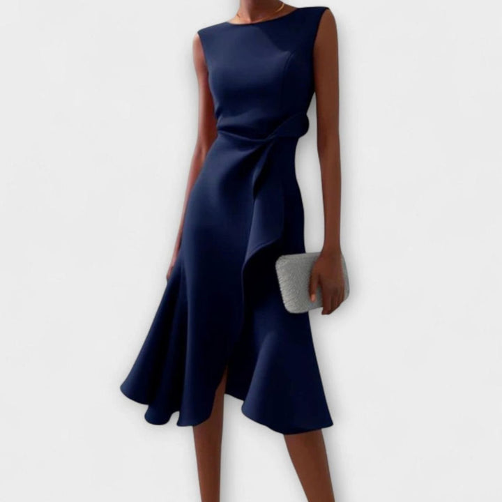 Women's Sleeveless Asymmetric Draped Flared Midi Party Dress