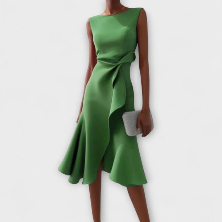 Women's Sleeveless Asymmetric Draped Flared Midi Party Dress