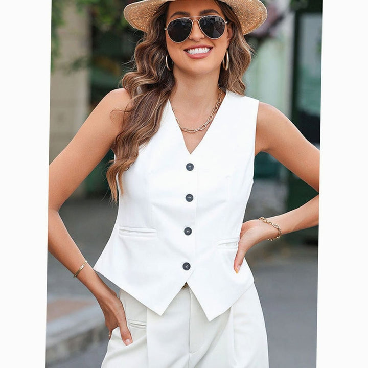 Women's Sleeveless Button-Front Tailored Waistcoat Vest Top