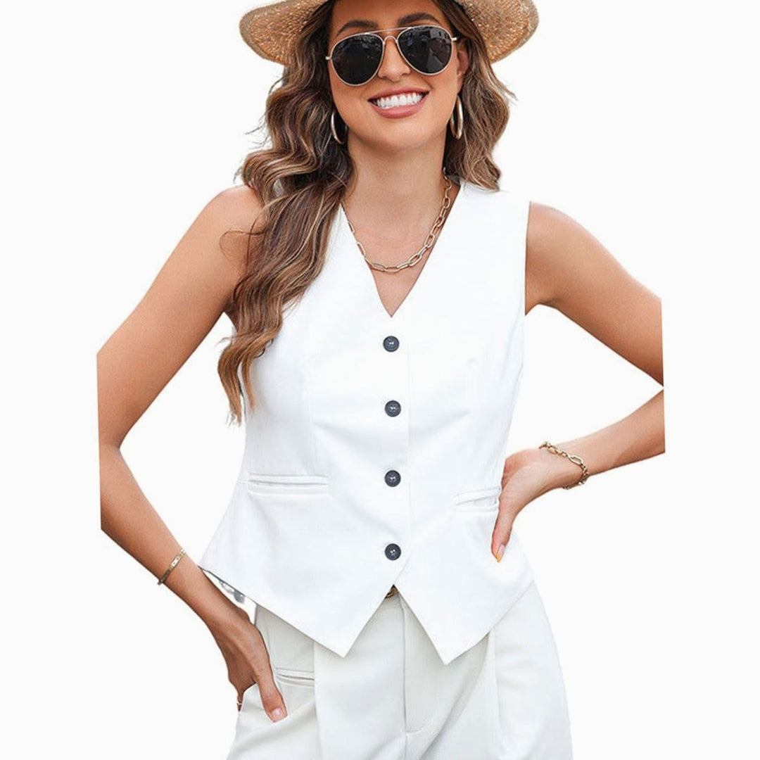 Women's Sleeveless Button-Front Tailored Waistcoat Vest Top