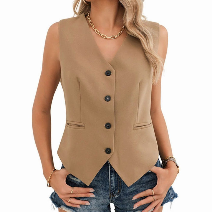 Women's Sleeveless Button-Front Tailored Waistcoat Vest Top - Brown