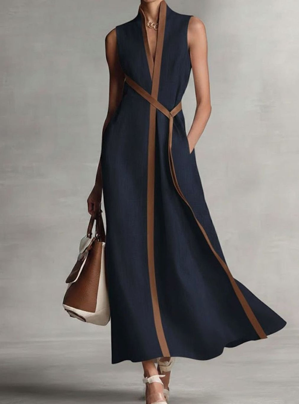 Women's Sleeveless Contrast Trim A-Line Midi Dress