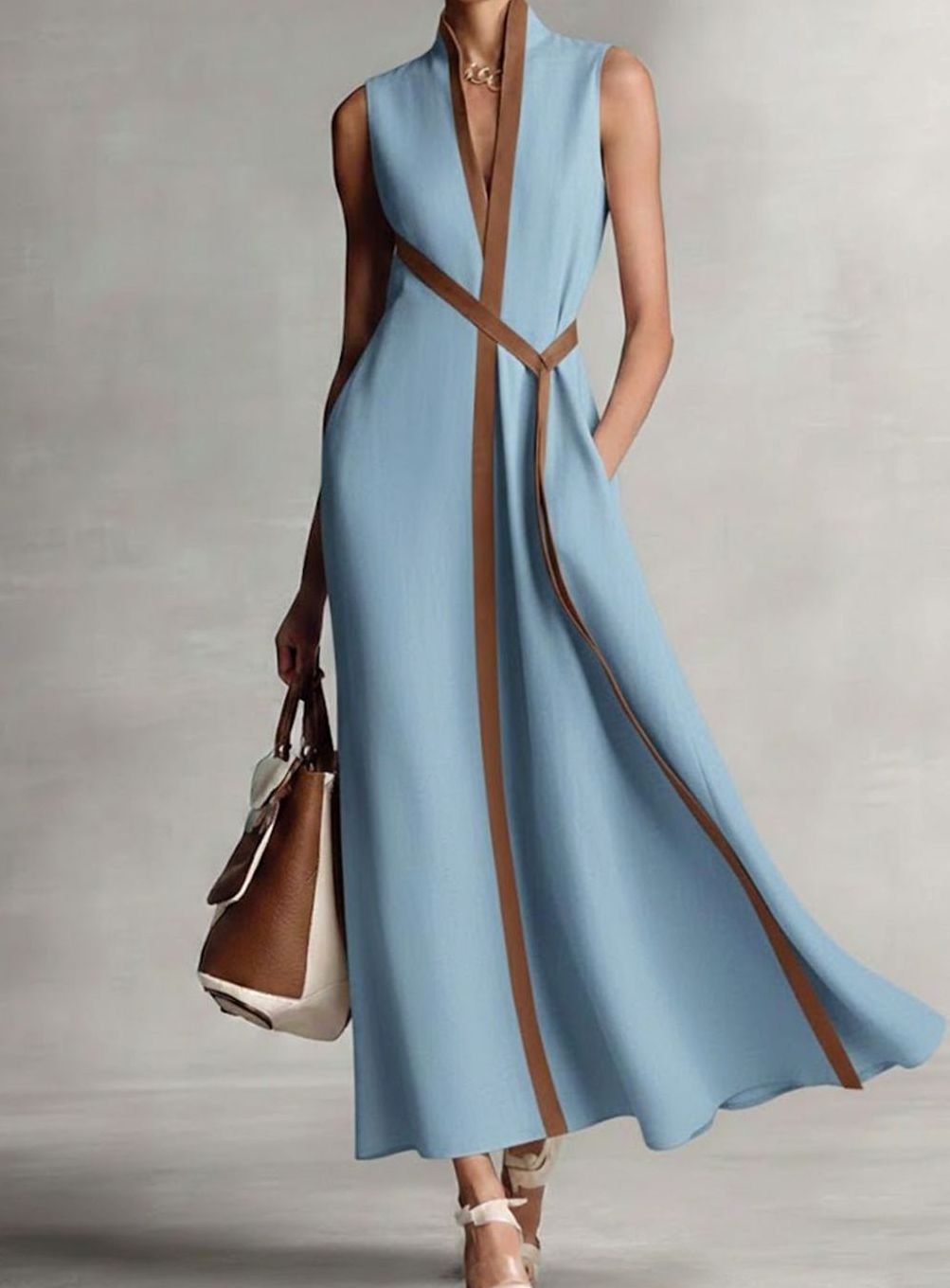 Women's Sleeveless Contrast Trim A-Line Midi Dress