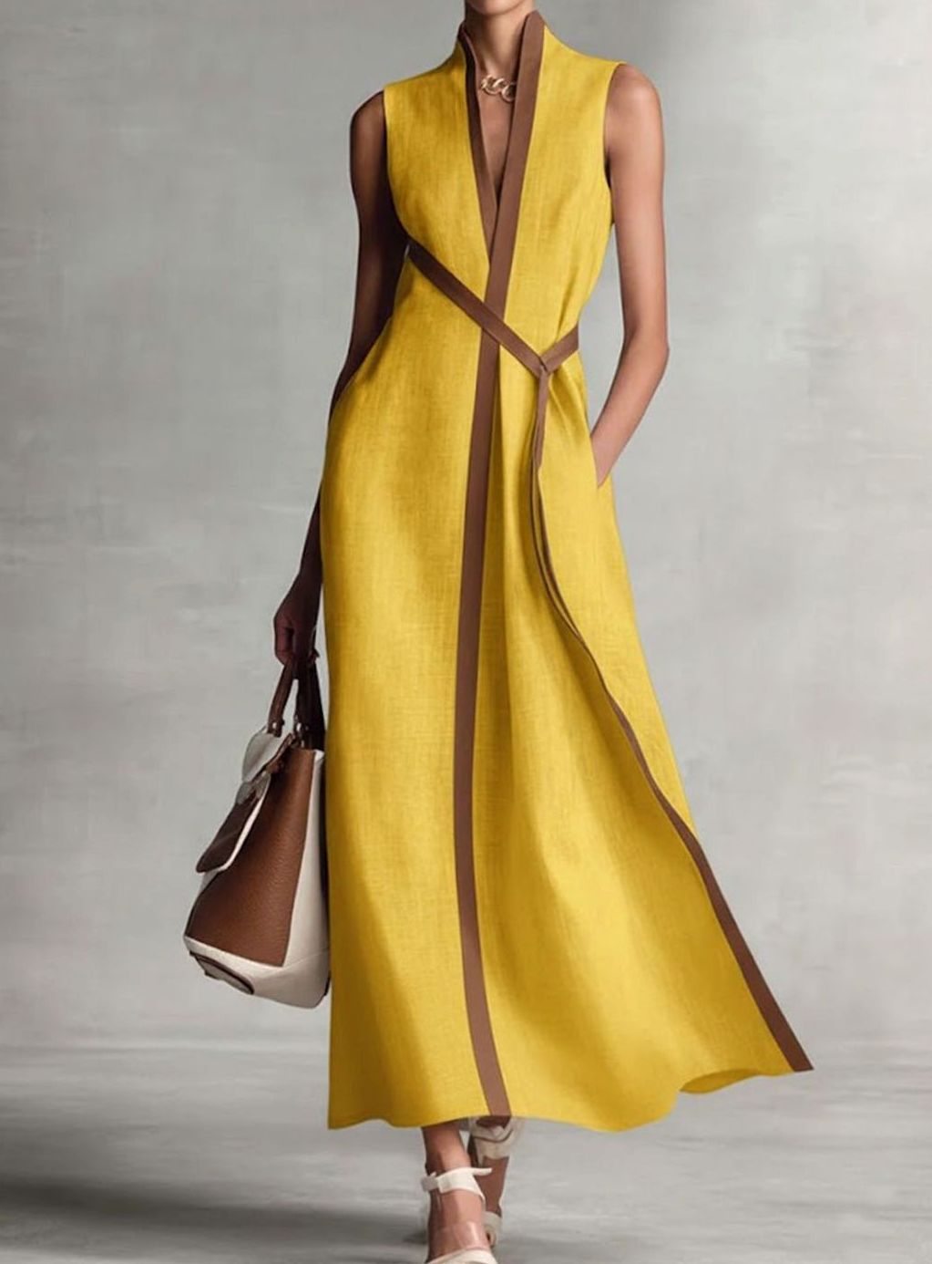 Women's Sleeveless Contrast Trim A-Line Midi Dress