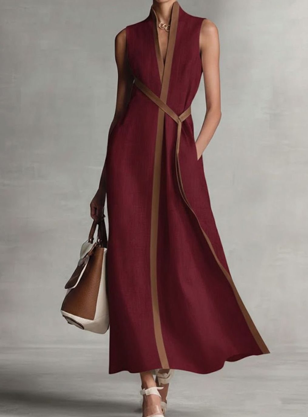 Women's Sleeveless Contrast Trim A-Line Midi Dress